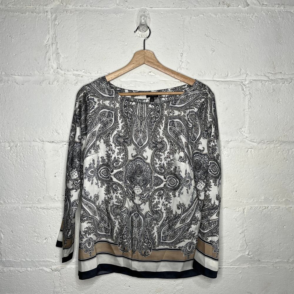 Talbots Paisley Boatneck Blouse Women's Black White Cream Size 8